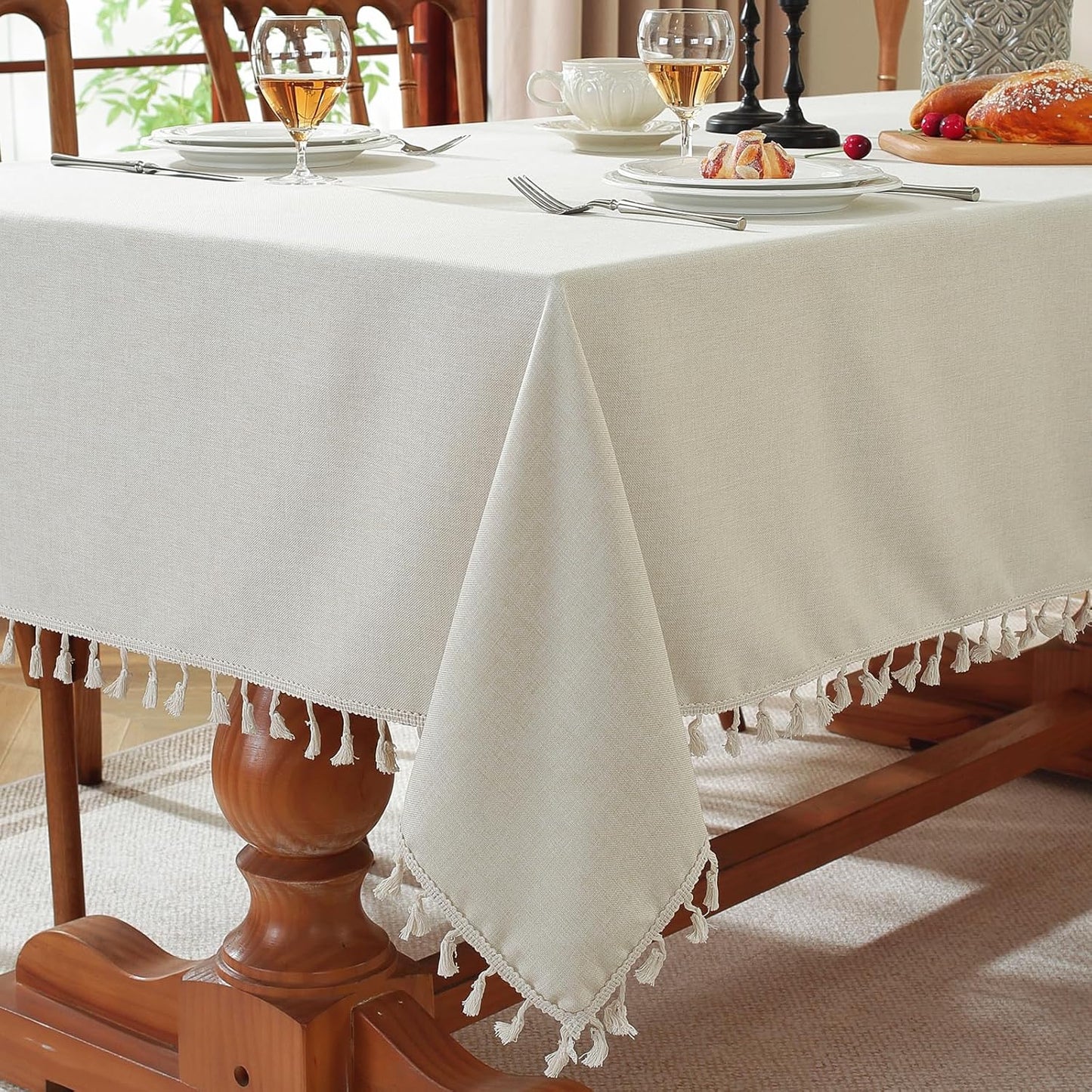Mantel rectangular borlas poliéster impermeable 55x86 marfil