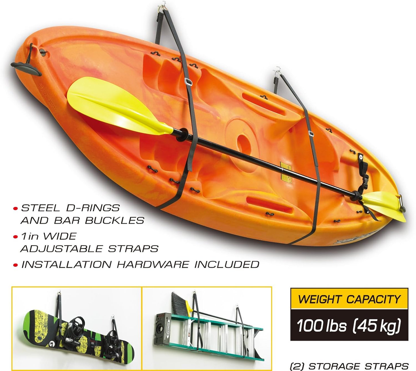 Sistema almacenamiento kayak pared correas ajustables 100lb