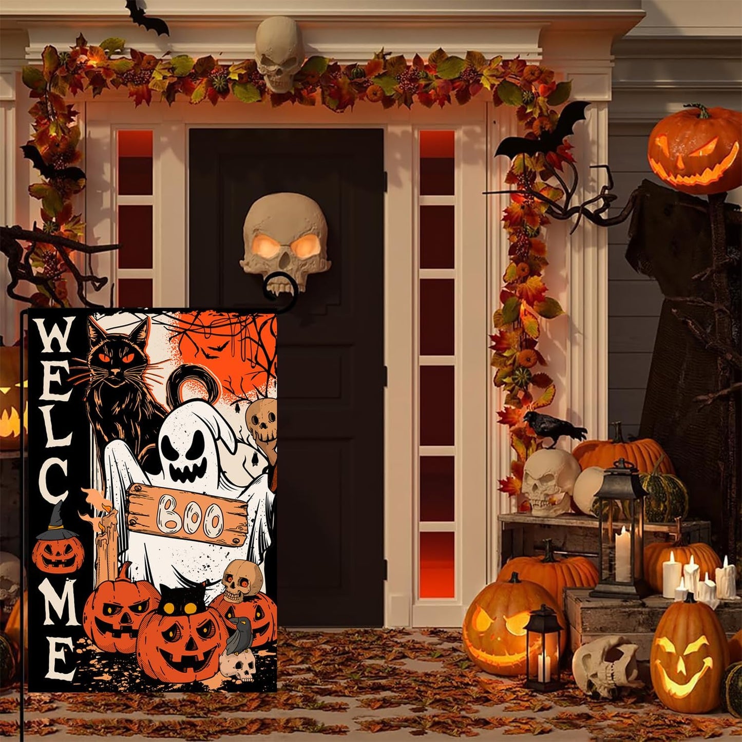 2 Banderas Jardín Halloween 12x18" Doble Cara