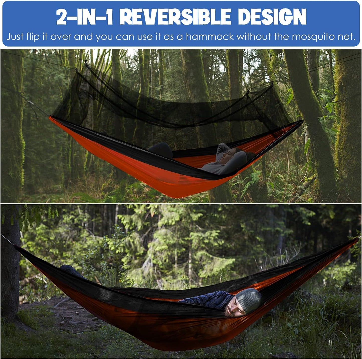 Hamaca doble con red de insectos para camping naranja