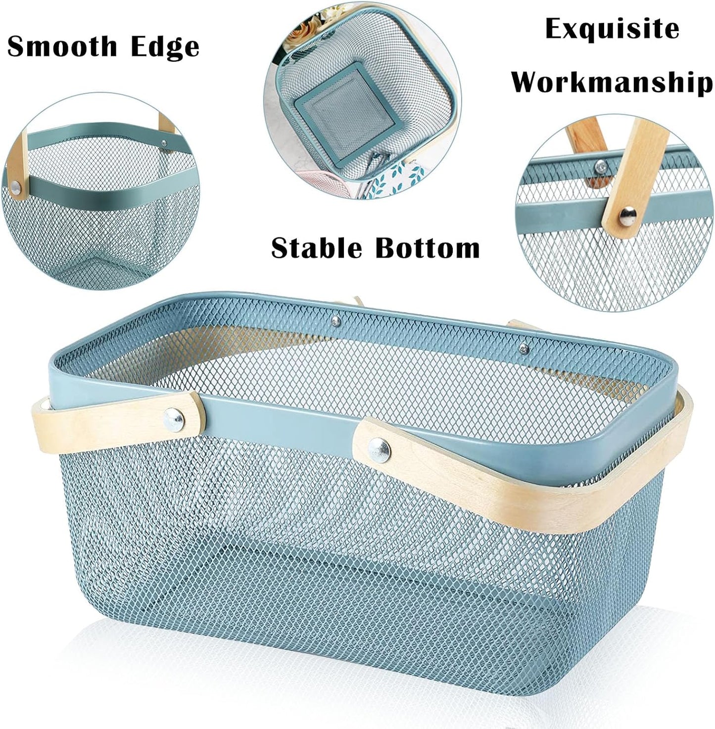 2 Cestas Picnic Malla Metálica Mango Madera Plegable Azul