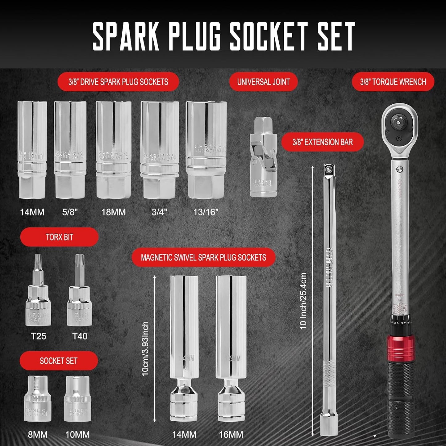 Set 14 Pzas Llave Buja 3/8" con Dinamométrica 5-45 Lb.ft
