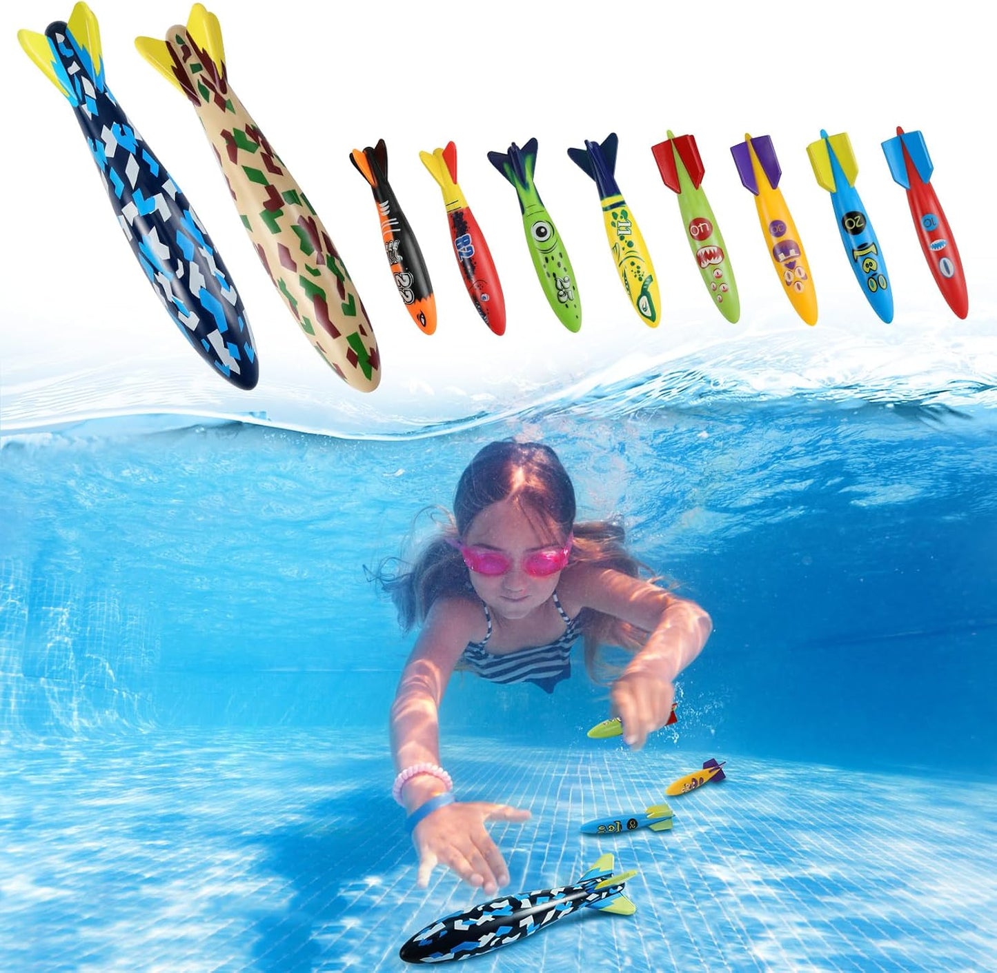 10 Torpedos para Piscina Cohetes Buceo 9x5.1" Set Agua