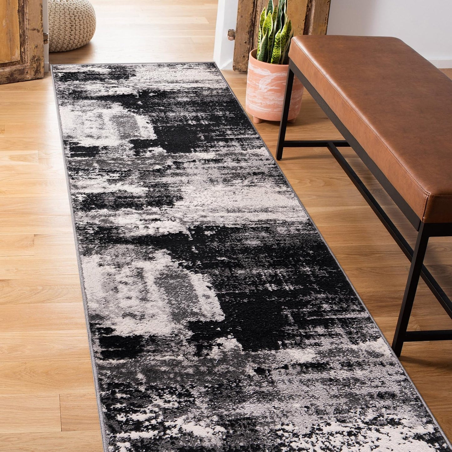 Alfombra pasillo 2x7ft diseño abstracto moderno negro
