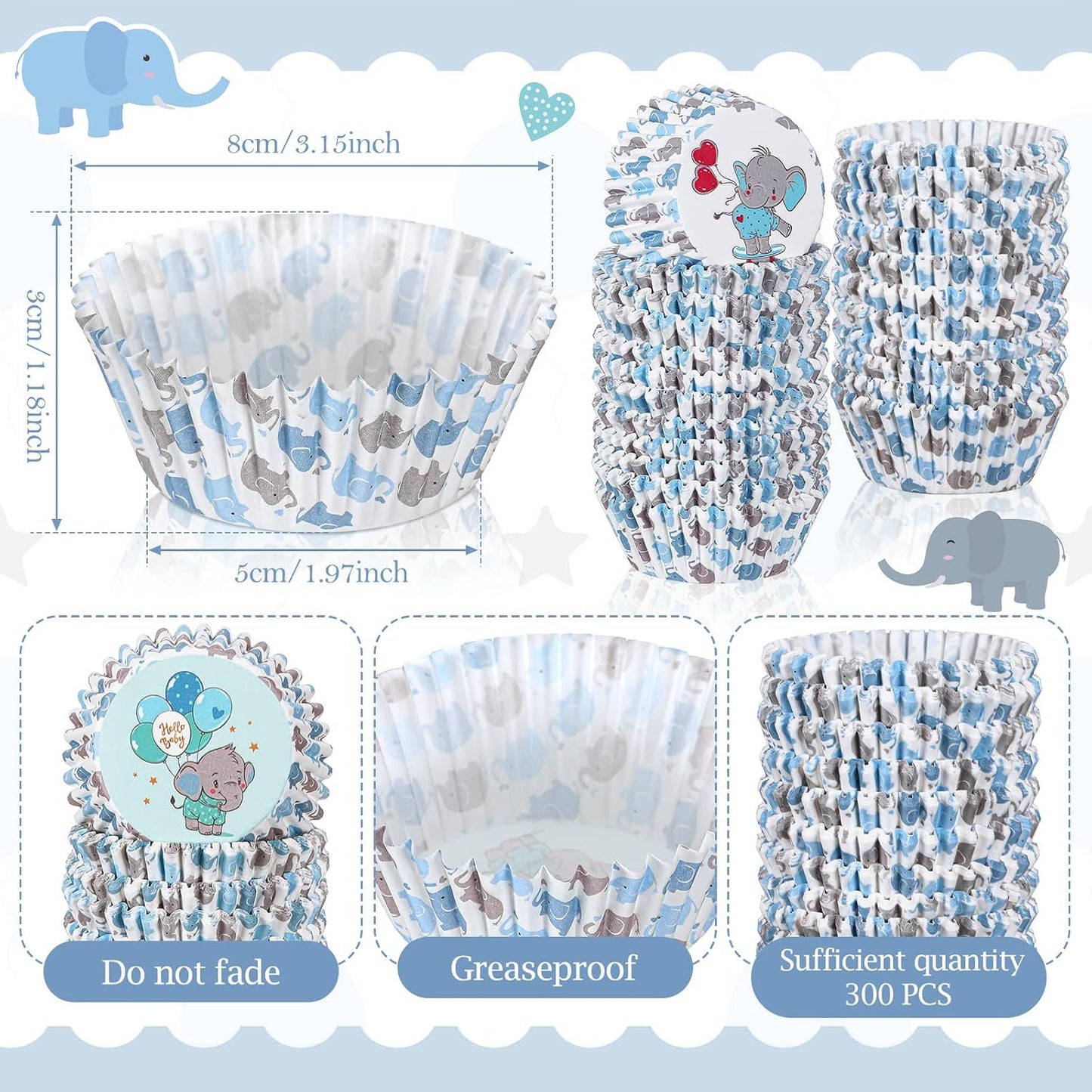 300 Pzas Forros Azules Cupcakes Baby Shower Elefante