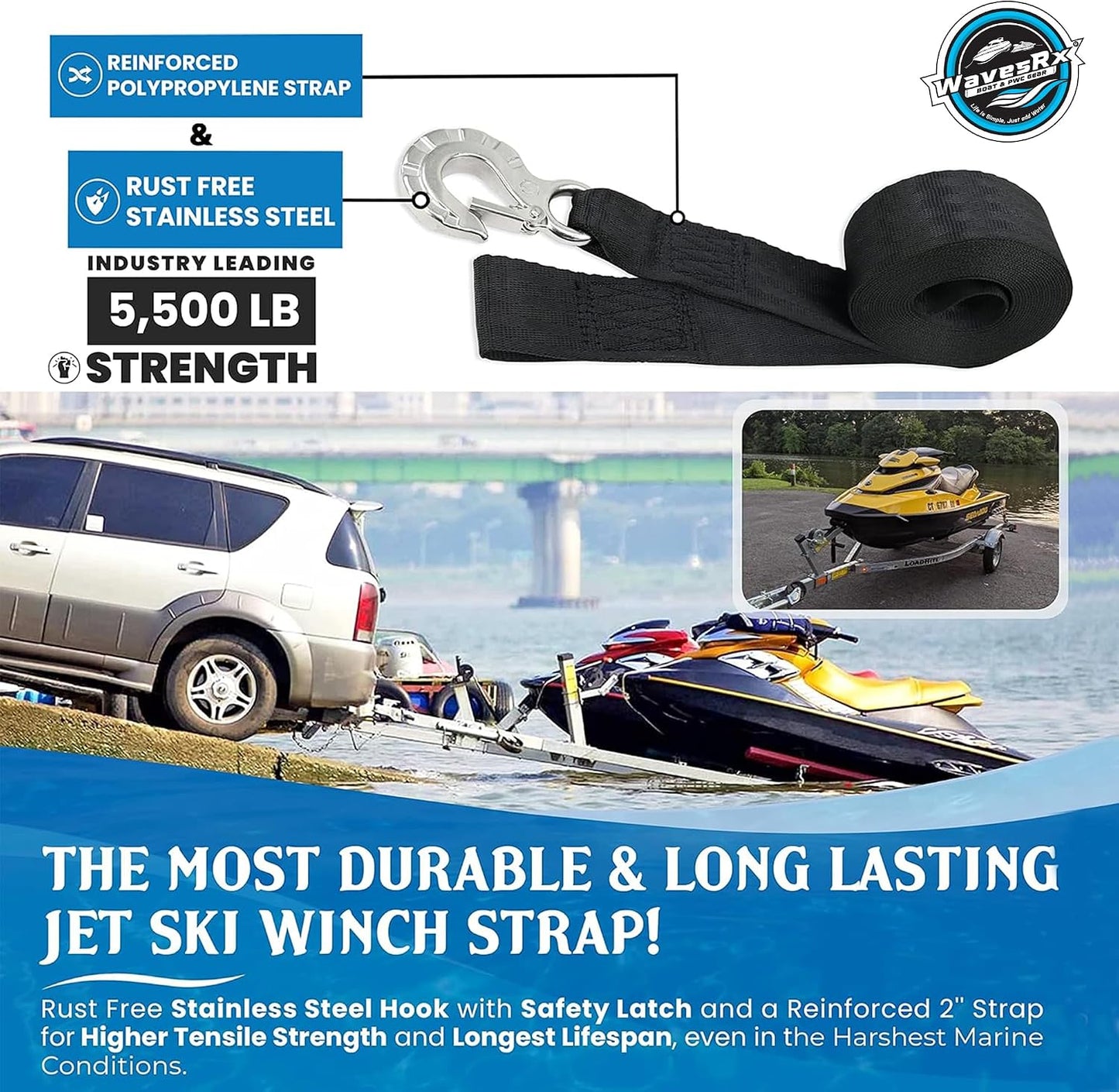 Correa cabrestante jet ski 2x12' gancho acero inox