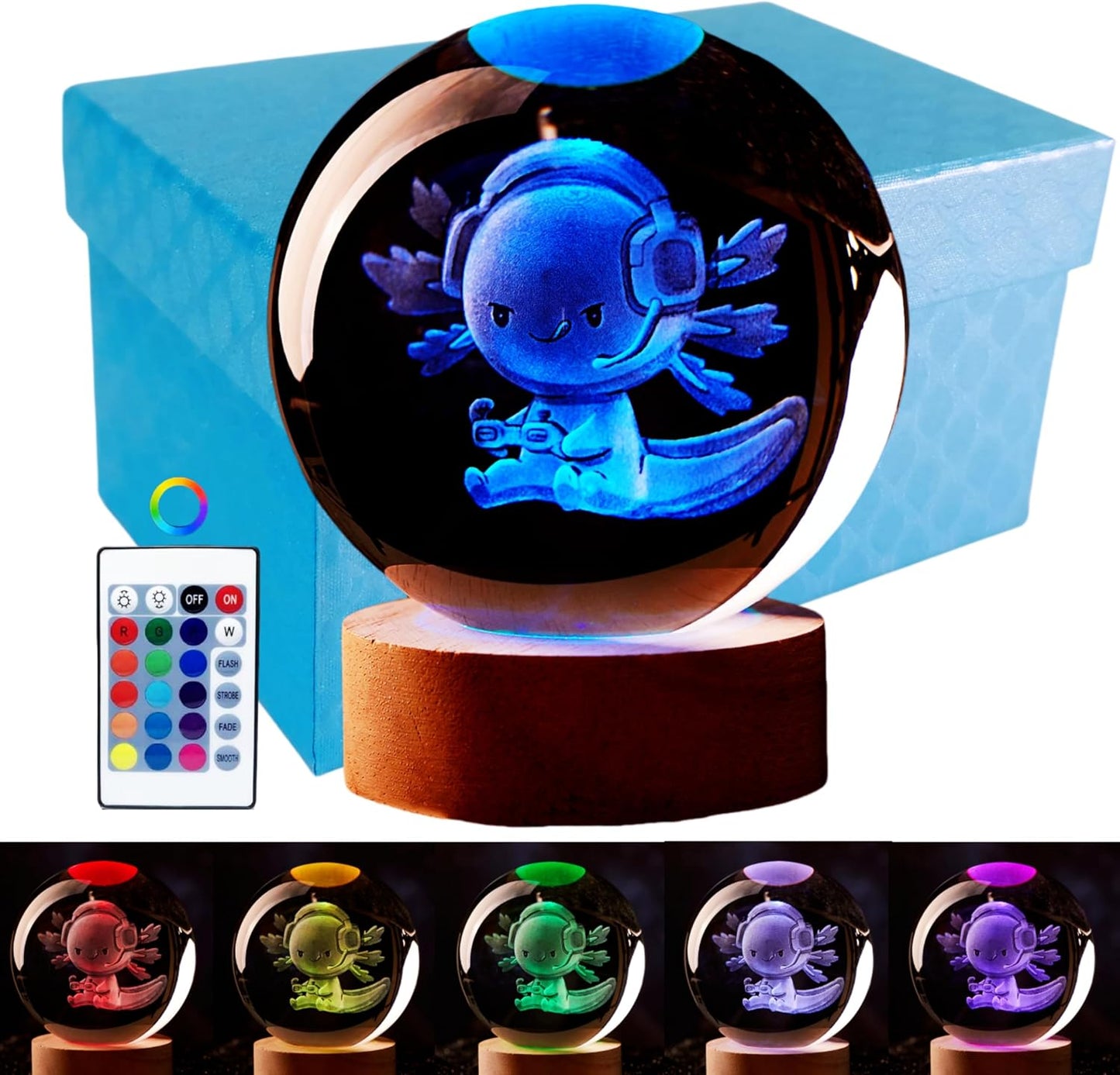 Luz nocturna bola cristal ajolote 3D 16 colores control remoto