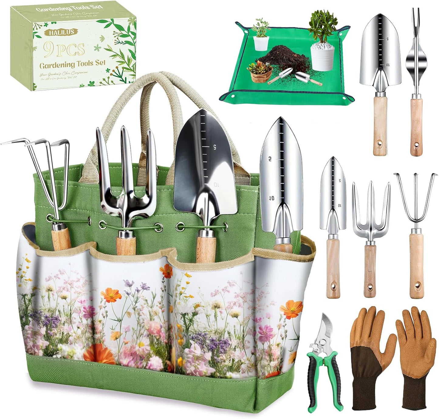 Set 9 Pzas Herramientas Jardín con Bolsa Floral