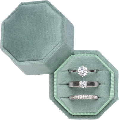 Caja terciopelo octágono 3 ranuras anillos boda verde