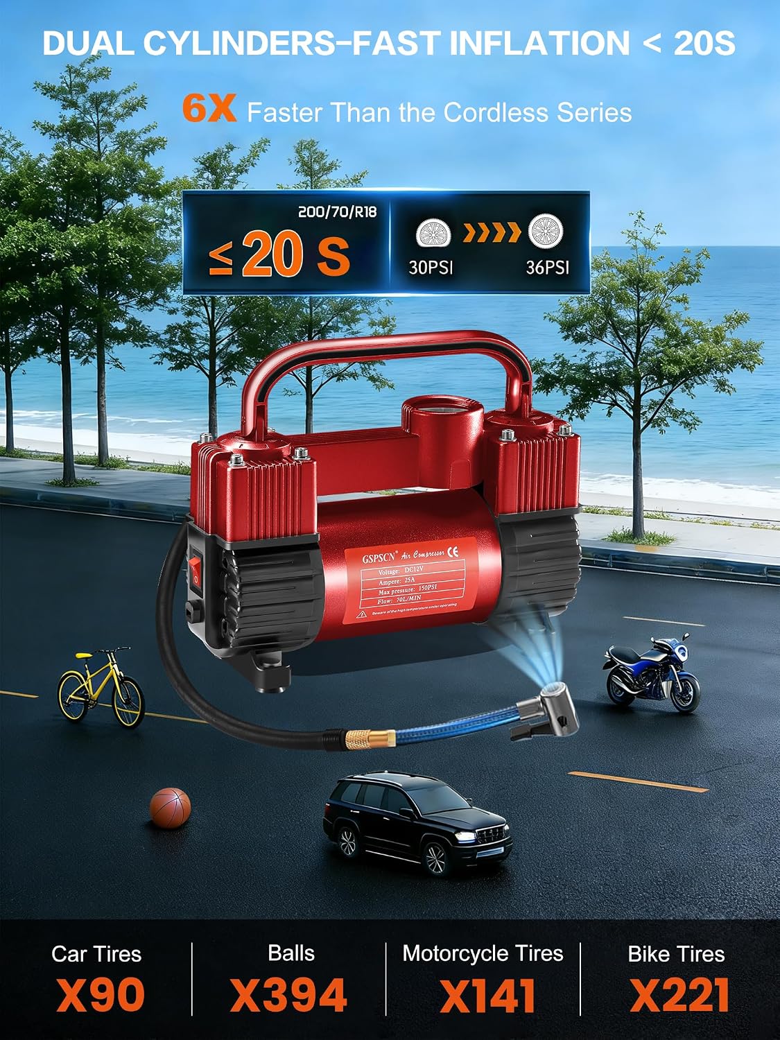 Inflador neumáticos doble 12v 150psi con bolsa portátil