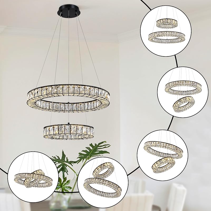 Candelabro cristal 2 niveles lámpara led negra sala comedor