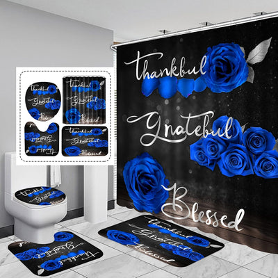 Juego 4 Pzas Cortina Ducha Rosas Azules con Alfombra Antideslizante