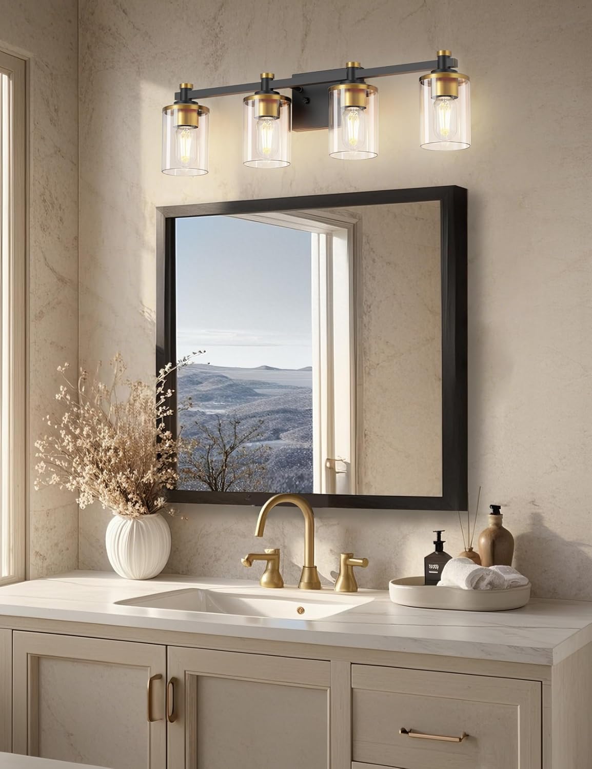 4 Lámparas baño modernas negras y doradas vidrio