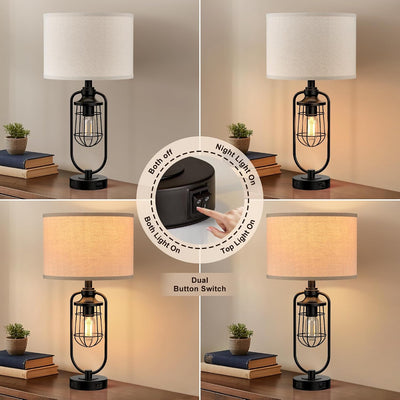 2 Lámparas Mesa Rústicas Negro 24pulg con Puertos USB