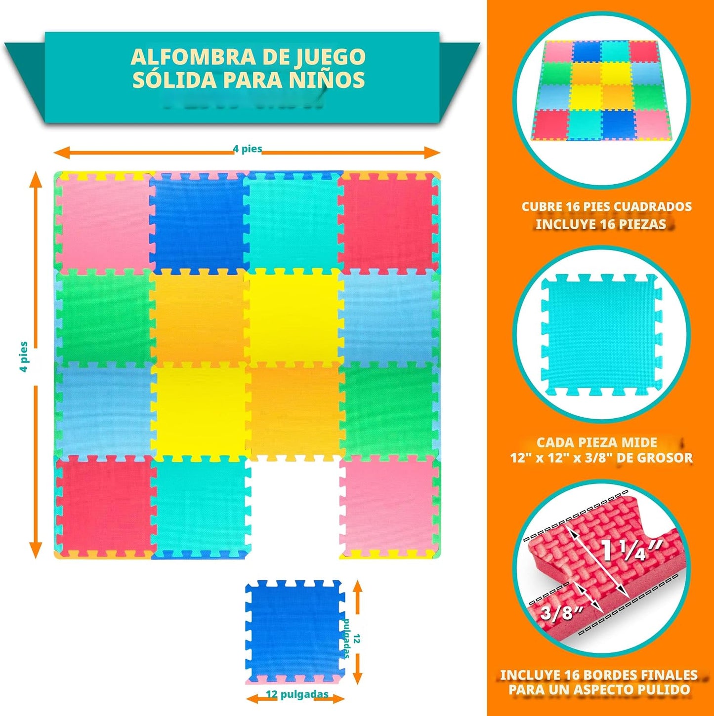 Tapete rompecabezas foam niños colores sólidos