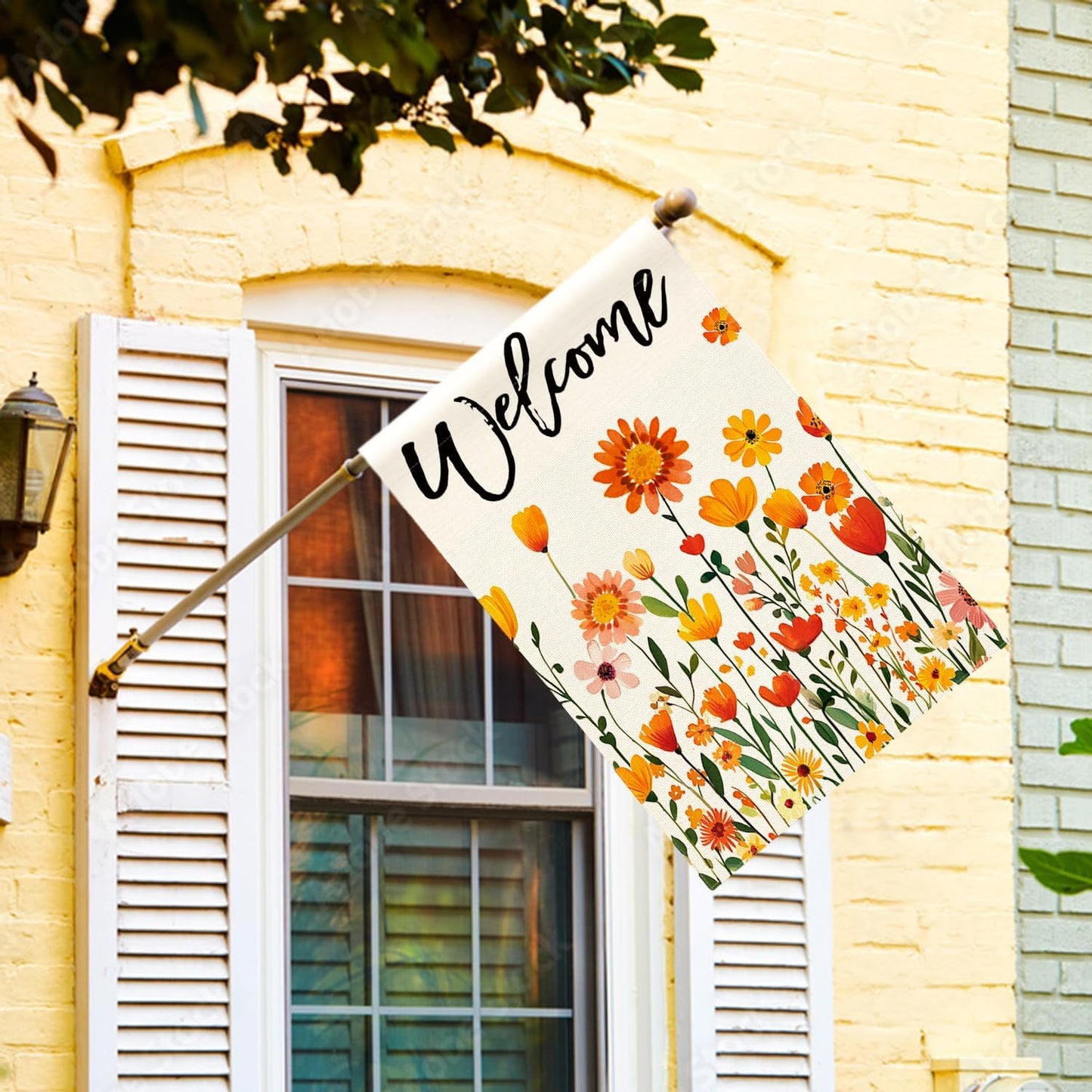 Bandera bienvenida flores otoño 28x40" doble cara exterior