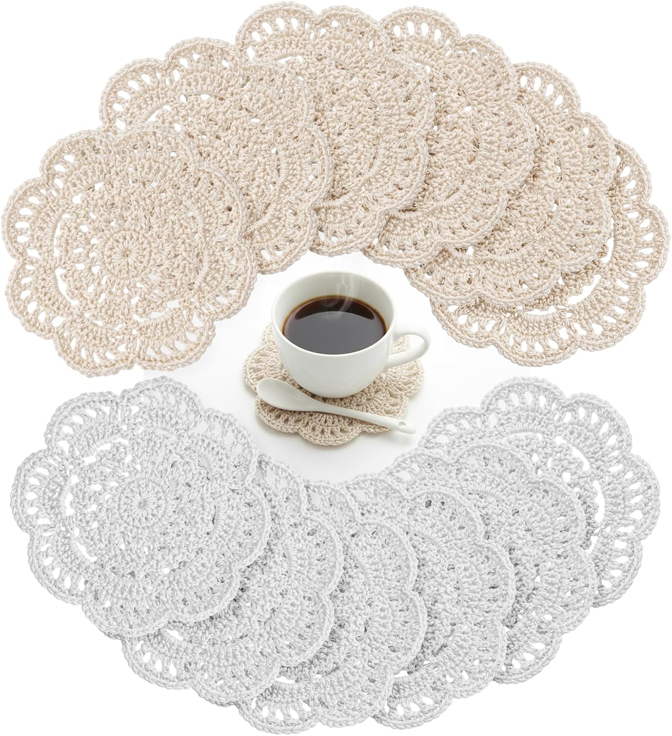 12 Pzas Manteles Encaje Redondos 4pulg Taza Posavasos Blanco/Beige