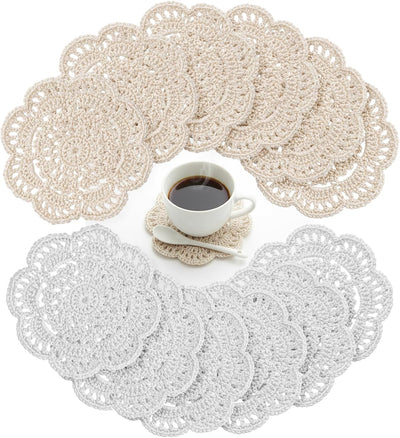 12 Pzas Manteles Encaje Redondos 4pulg Taza Posavasos Blanco/Beige