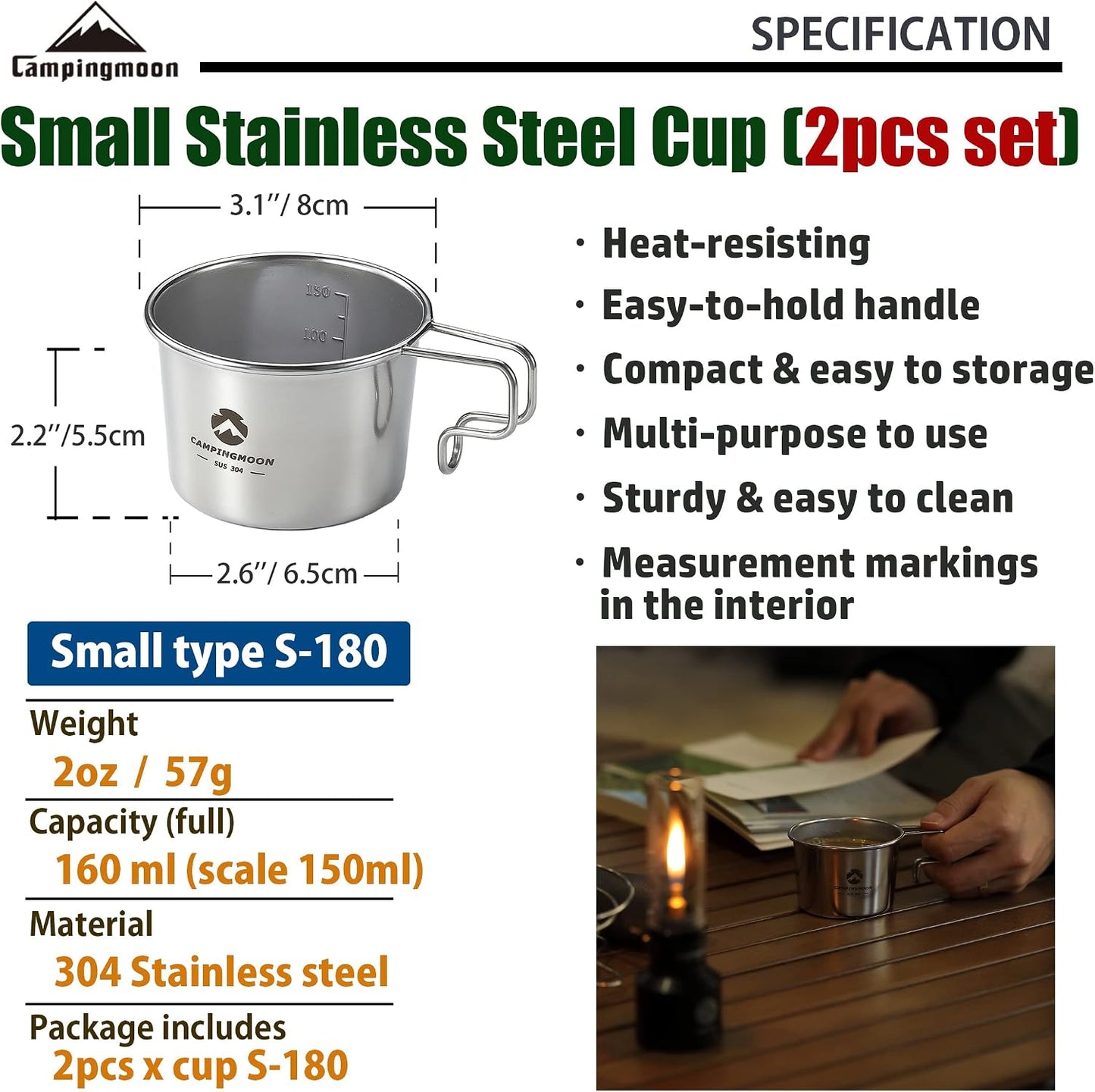 Taza café acero inox 5.4oz camping S-180 2 Pzas