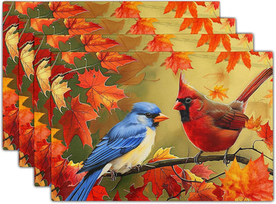 4 Manteles Individuales Pájaros Otoño 30x46cm Lino Resistente Calor