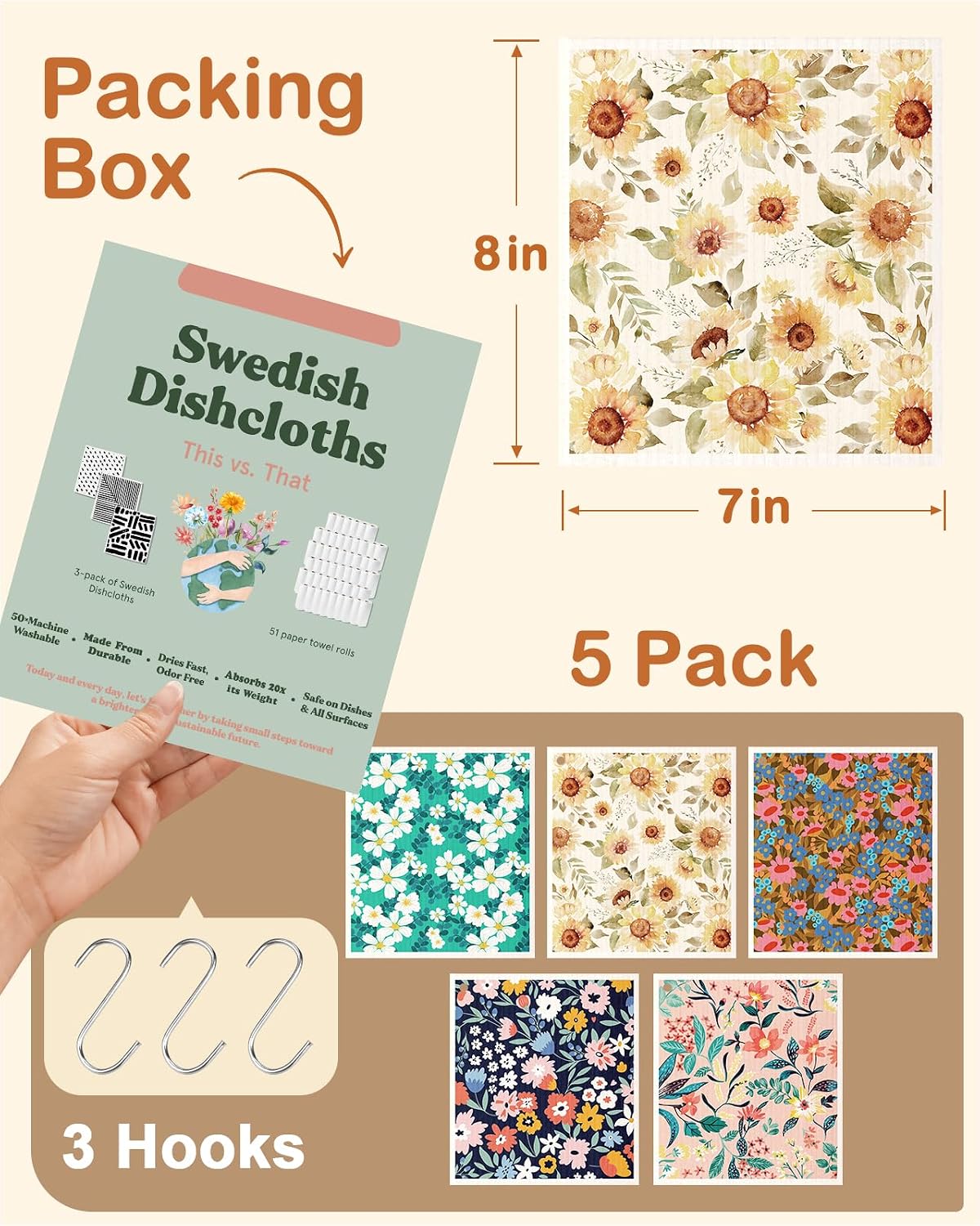 Paños cocina reutilizables con ganchos 5 pzas secado rápido