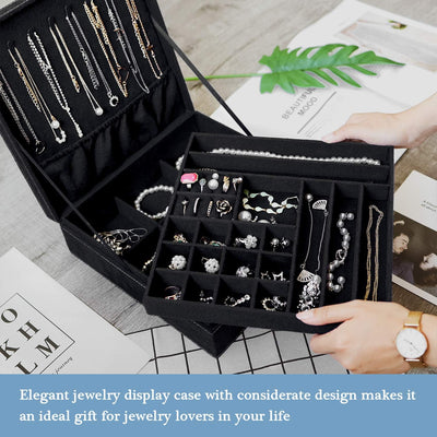 Joyero terciopelo 2 capas para collares aretes anillos mujer negro
