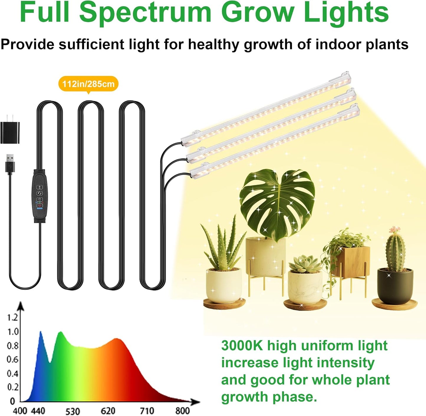 Lámpara LED cultivo 3 cabezales 10.2pulg espectro completo