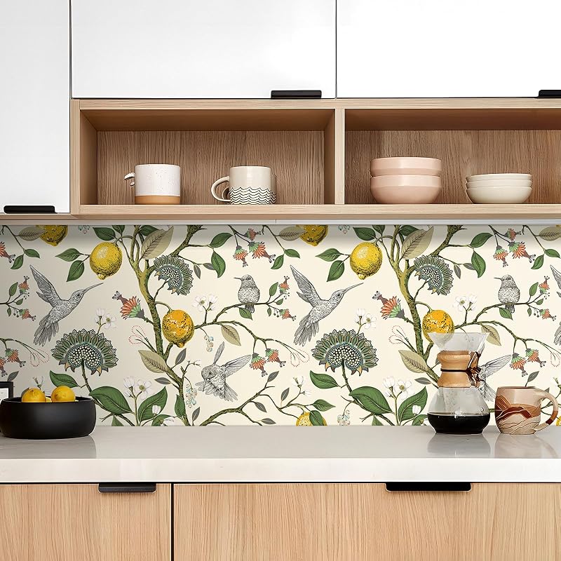 Papel tapiz autoadhesivo vintage pájaros amarillo 17.5x276"