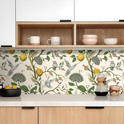Papel tapiz autoadhesivo vintage pájaros amarillo 17.5x276"