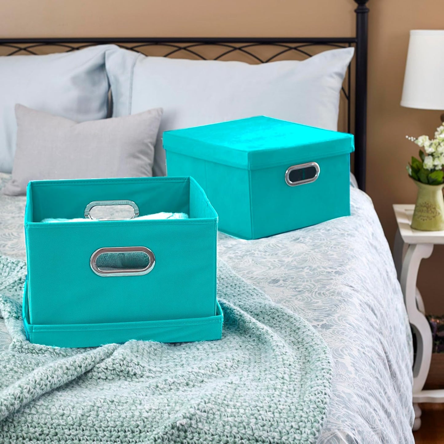 Cajas tela con tapas asas color aguamarina