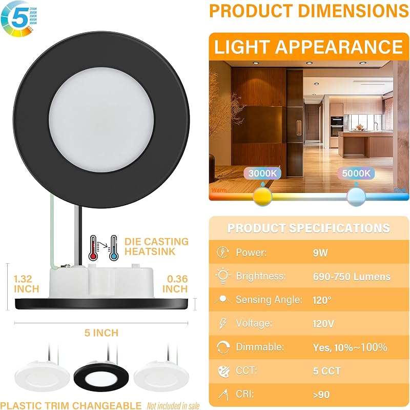 Luz LED empotrada 4" 120V 60W 5CCT pasillo baño cocina