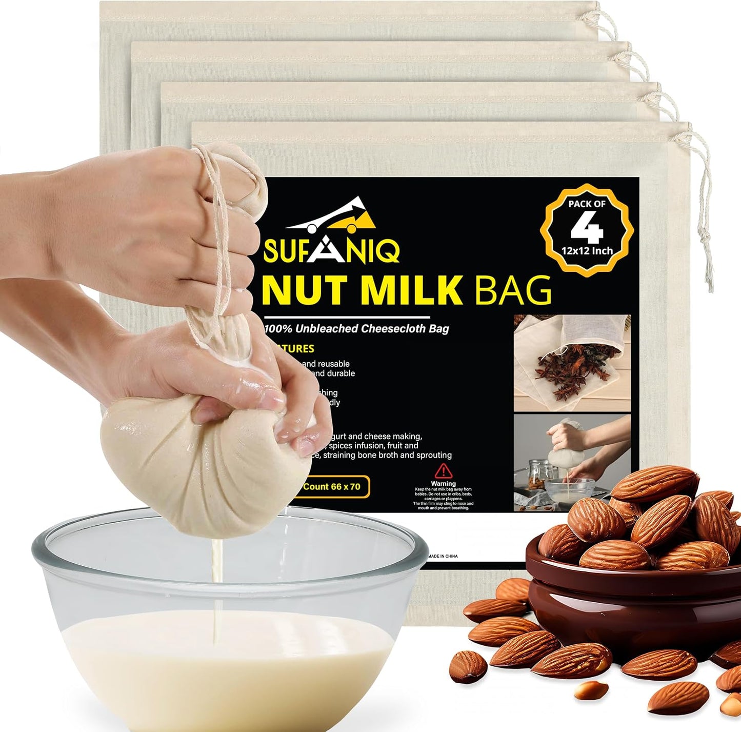 Bolsa colar leche de nuez 100% algodón reutiliz. 12x12pulg