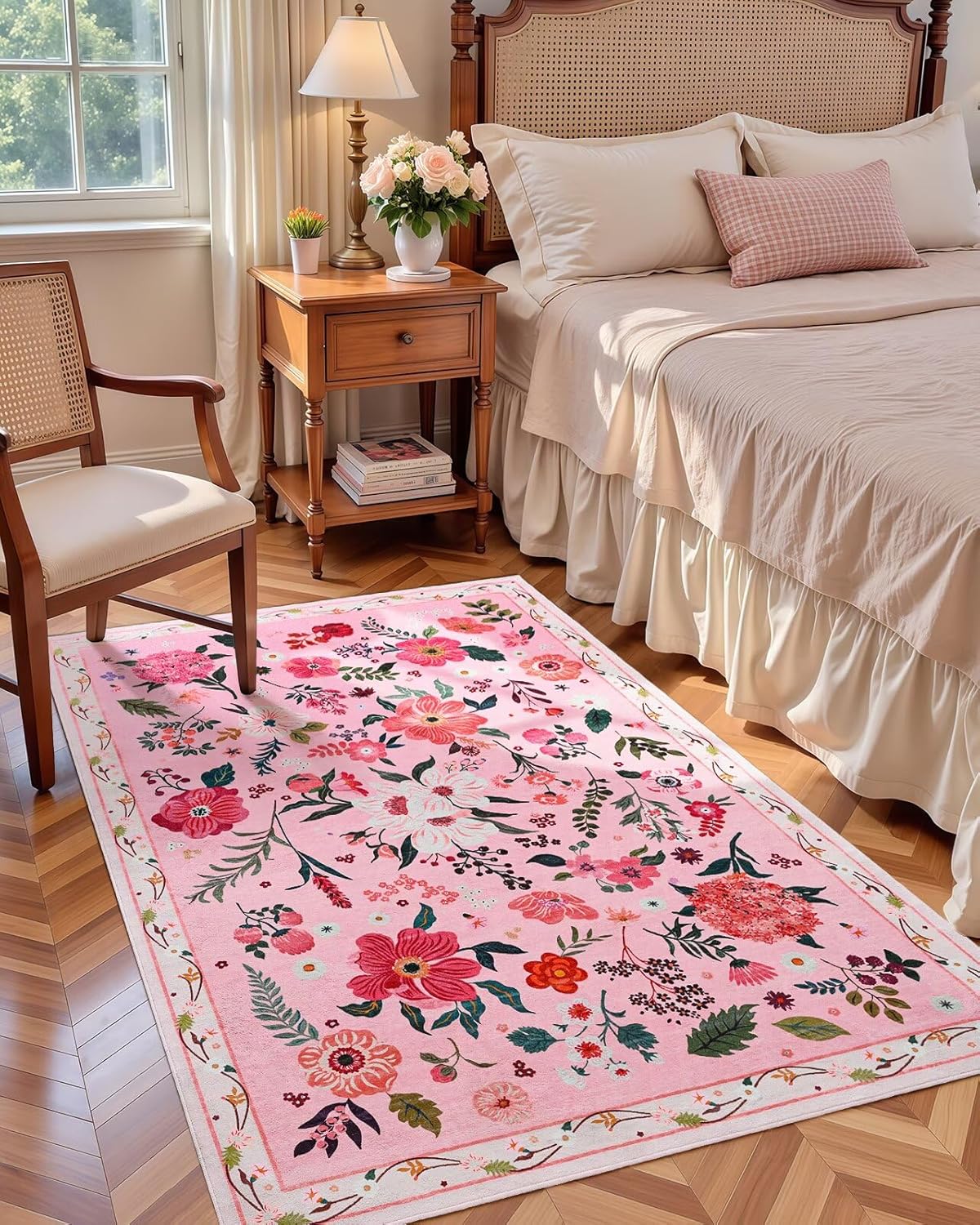 Alfombra floral rosa dormitorio niña 3x5 antiderrap