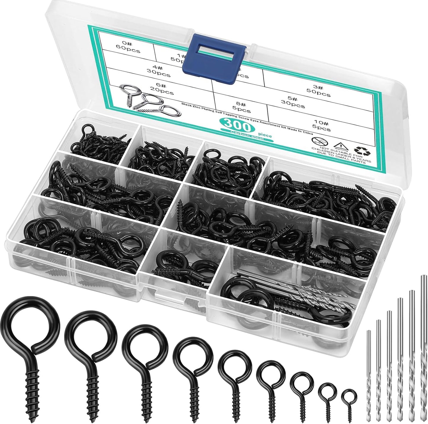 Kit 306 Pzas Ganchos Ojo Acero Inox 304 Negro 9 Tamaños