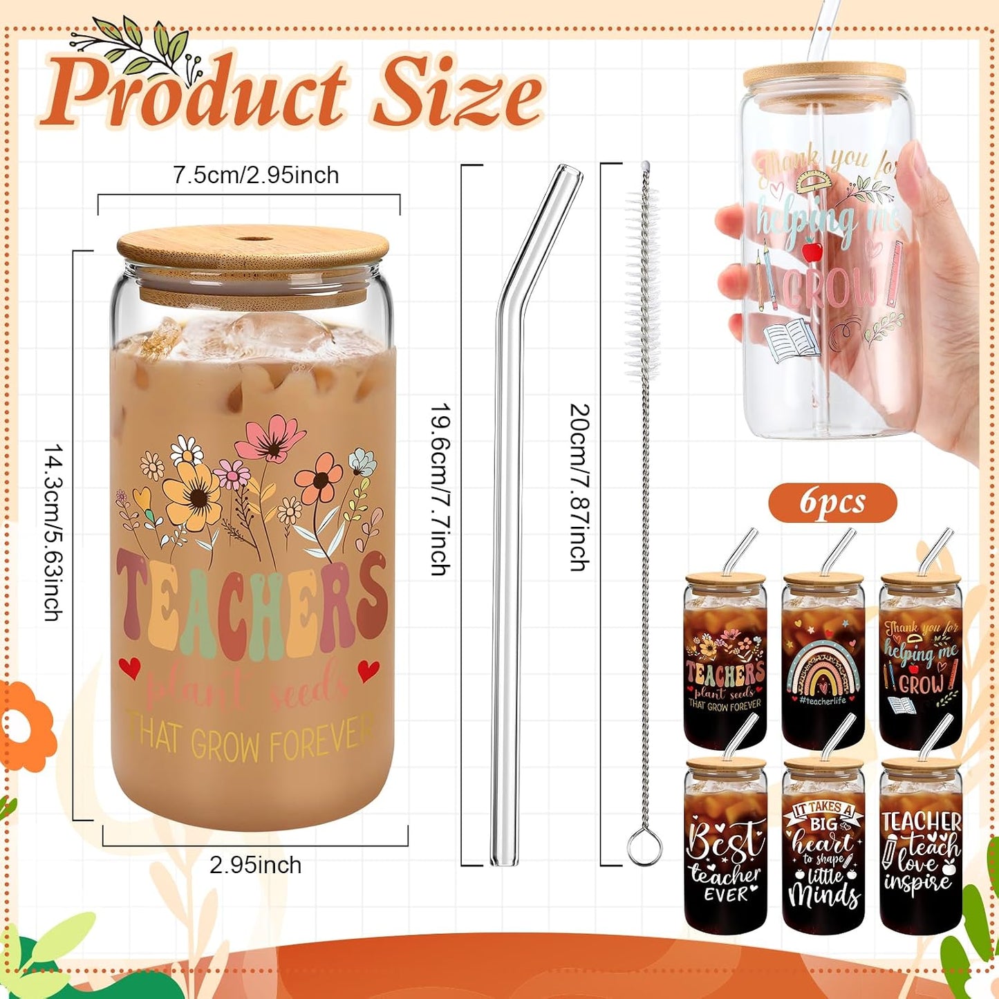 6 Vasos Vidrio 16oz con Tapas Bambú y Pajitas para Café Helado