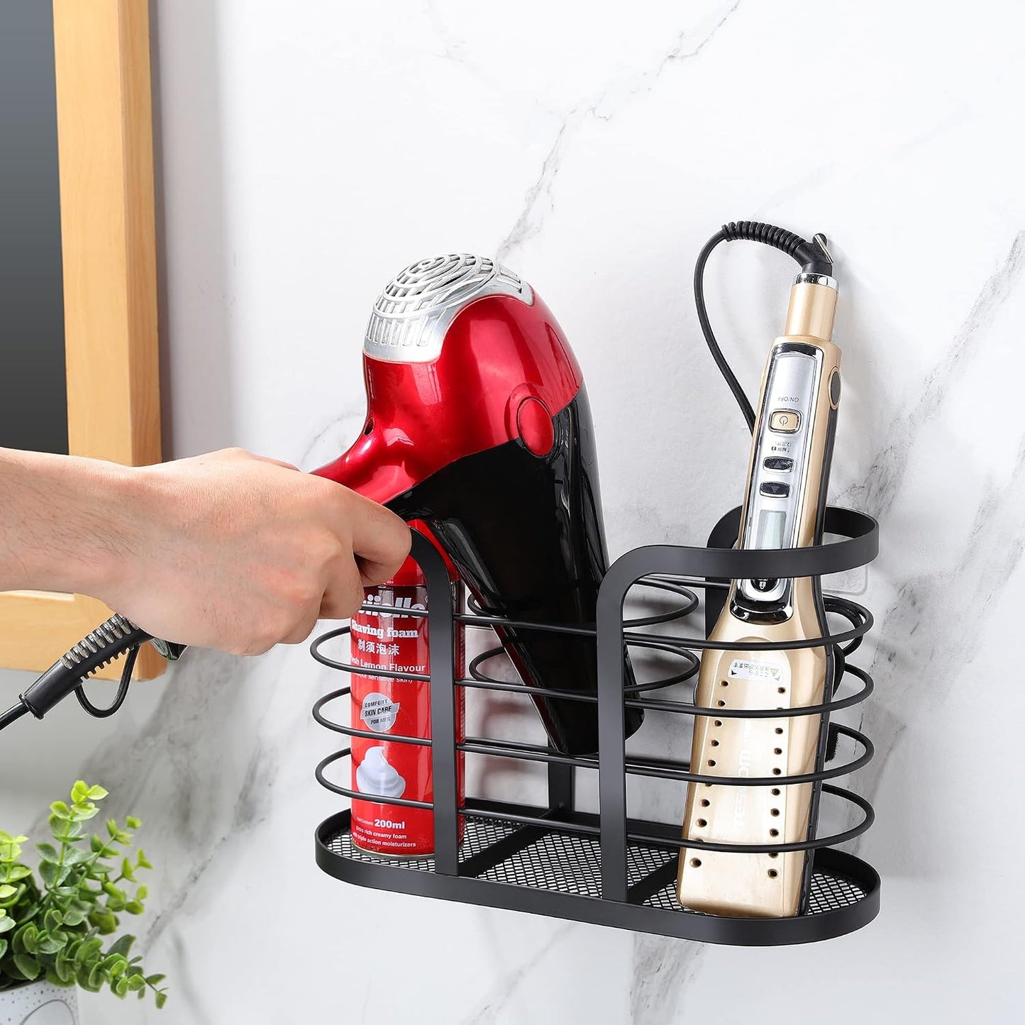 Soporte secador pelo pared adhesivo organiz. baño negro