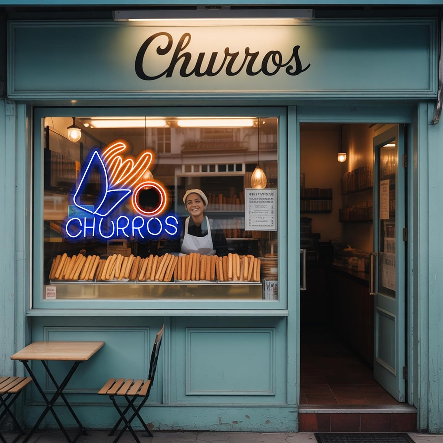 Letrero neón churros decoración tienda bar usb