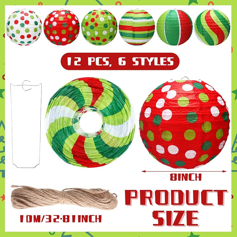 12 Faroles Papel Rojo Verde 8pulg Colgantes Navidad