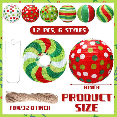 12 Faroles Papel Rojo Verde 8pulg Colgantes Navidad