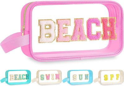 Bolsas maquillaje transparente con asa chenilla para viaje y playa