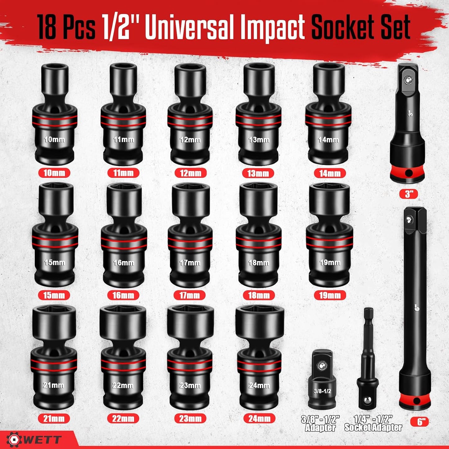 Set 18 Pzas Llaves Vaso 1/2pulg Giratorias Métricas 10-24mm