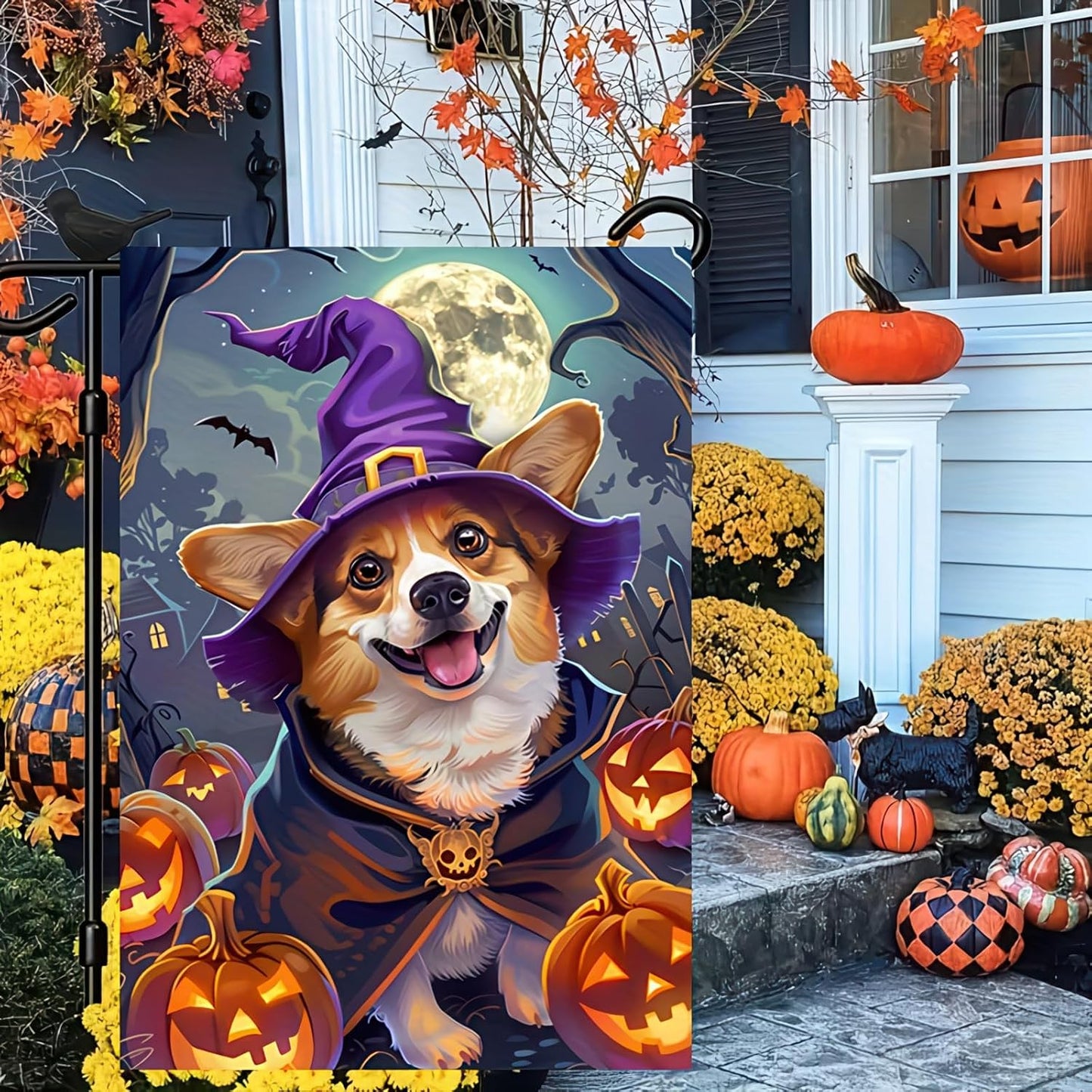 Banderas Halloween doble cara 12x18pulg corgi bruja jardín