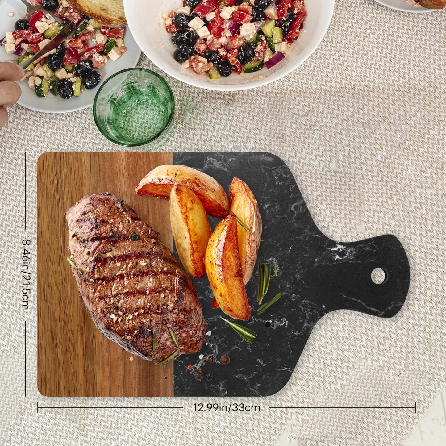 Tabla cortar mármol acacia con asa para carne queso y hamburguesas