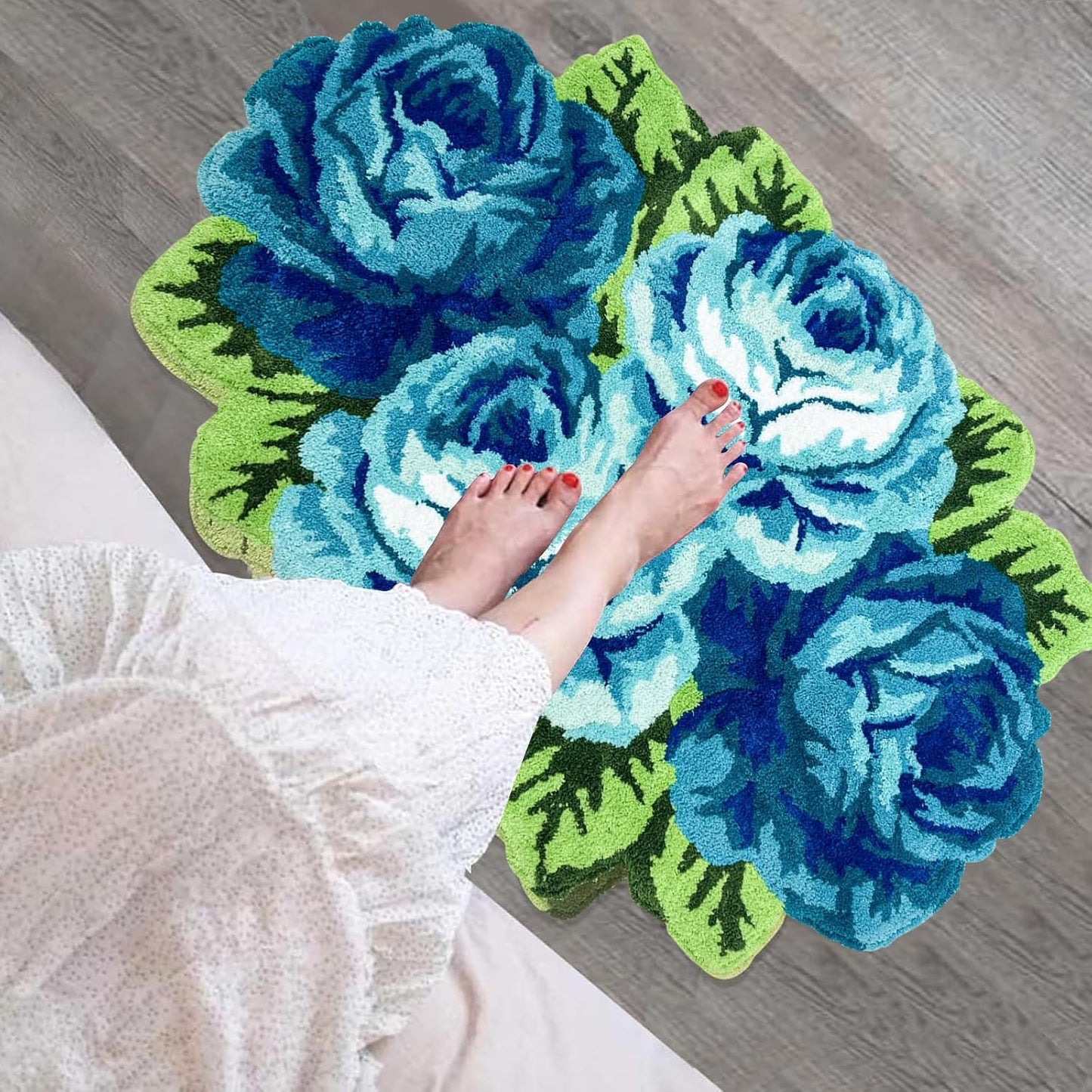 Alfombra baño rosas esponjosas azul antiderrap 2.3x3.6pies