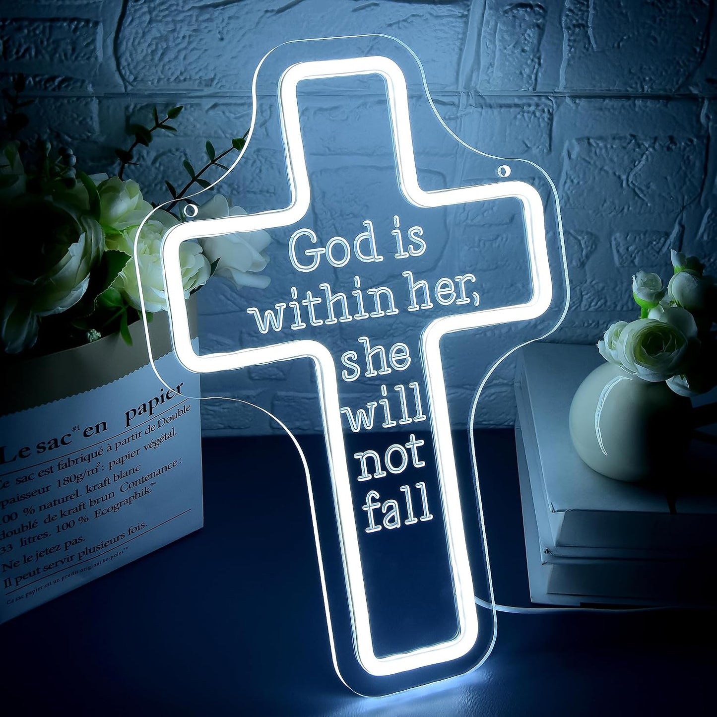 Letrero neón versículo bíblico god is within her led regulable