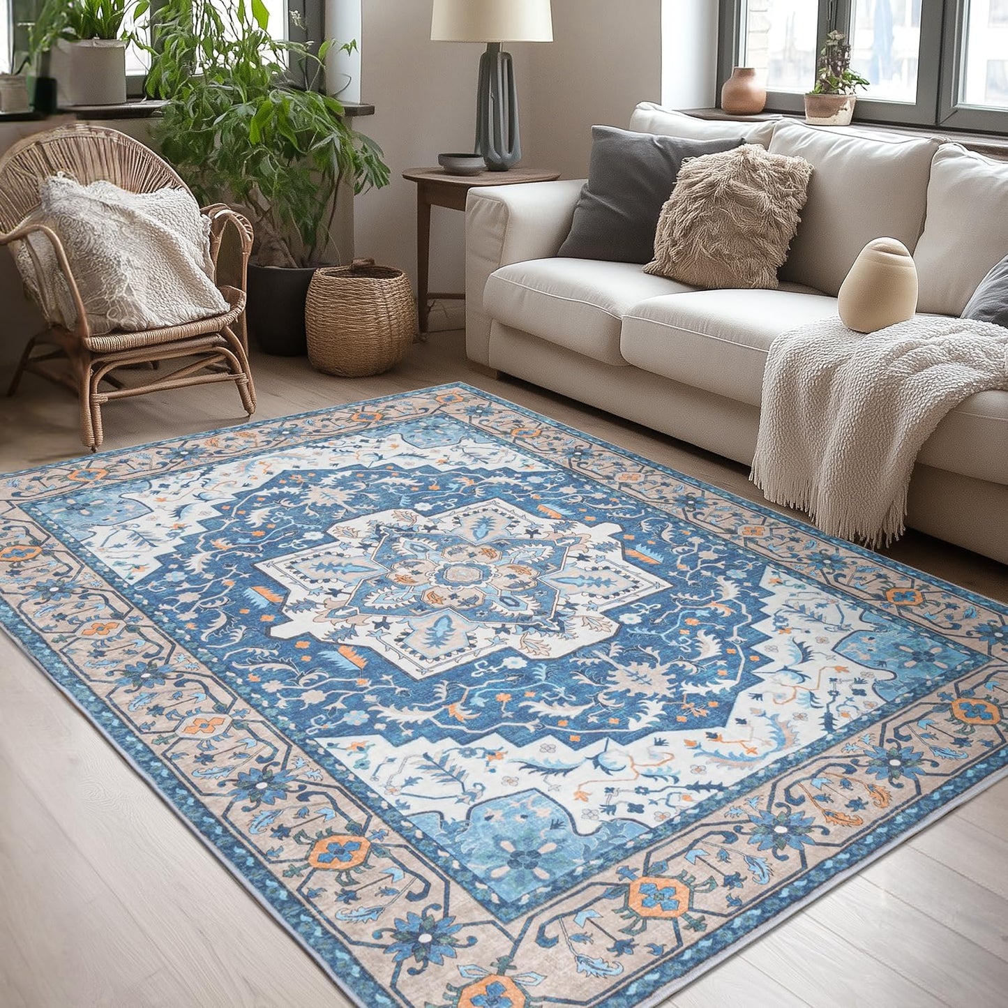 Tapete bohemio pelo corto antiderrap 5x7ft azul marrón