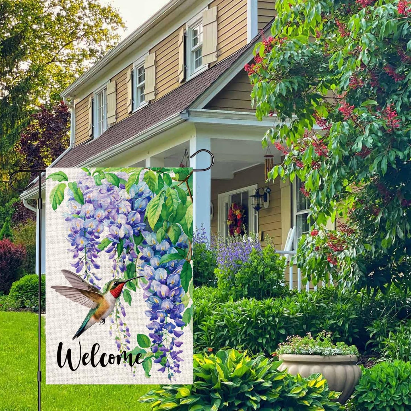 Bandera jardín colibrí 12x18pulg doble cara bienvenida