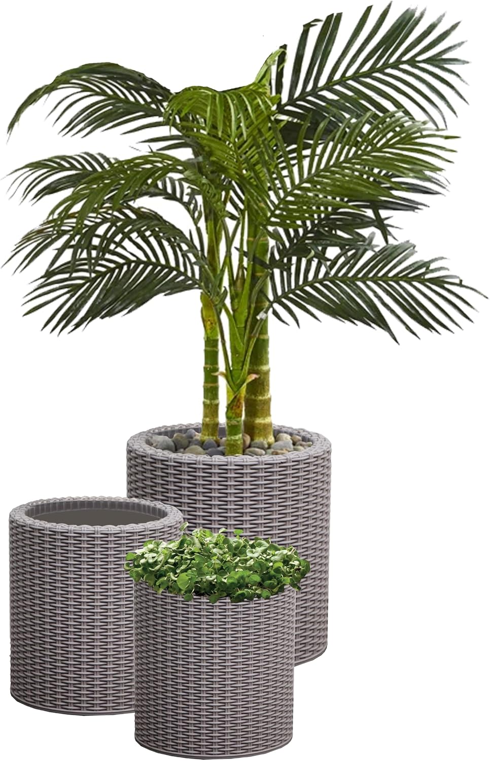 Set 3 Macetas Resina Ratán Interior Exterior Color Gris Pardo