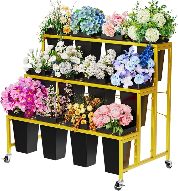 Soporte flores 3 niveles metal 12 cubos plástico negro