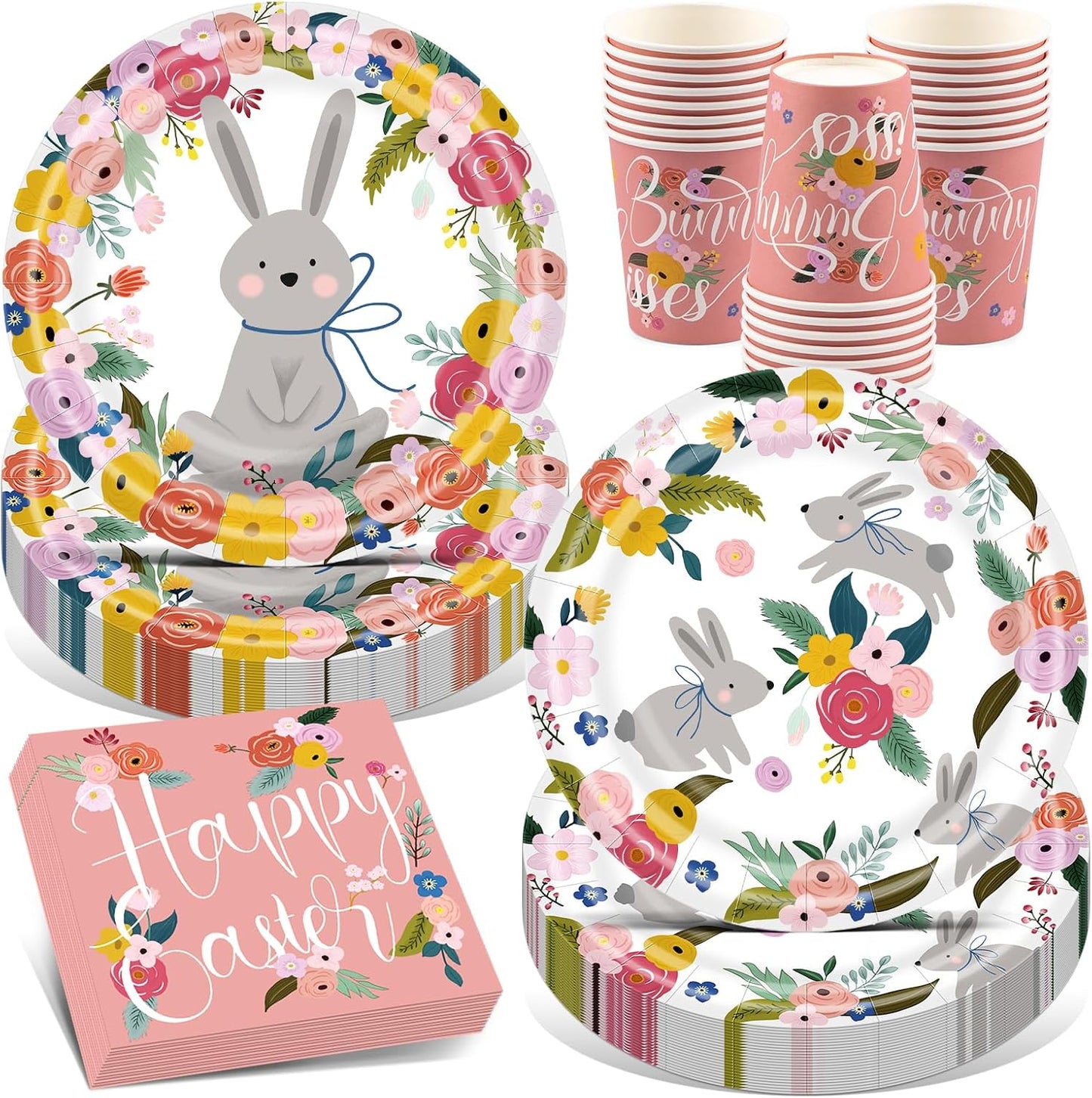 Juego de 96 platos de papel de Pascua con tazas y servilletas para 24 personas